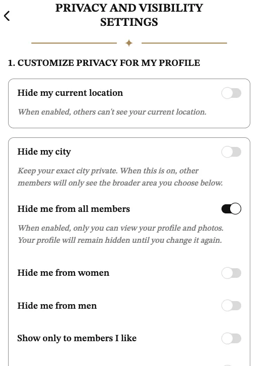 The privacy and visibility settings inside a SeniorMatch account.
